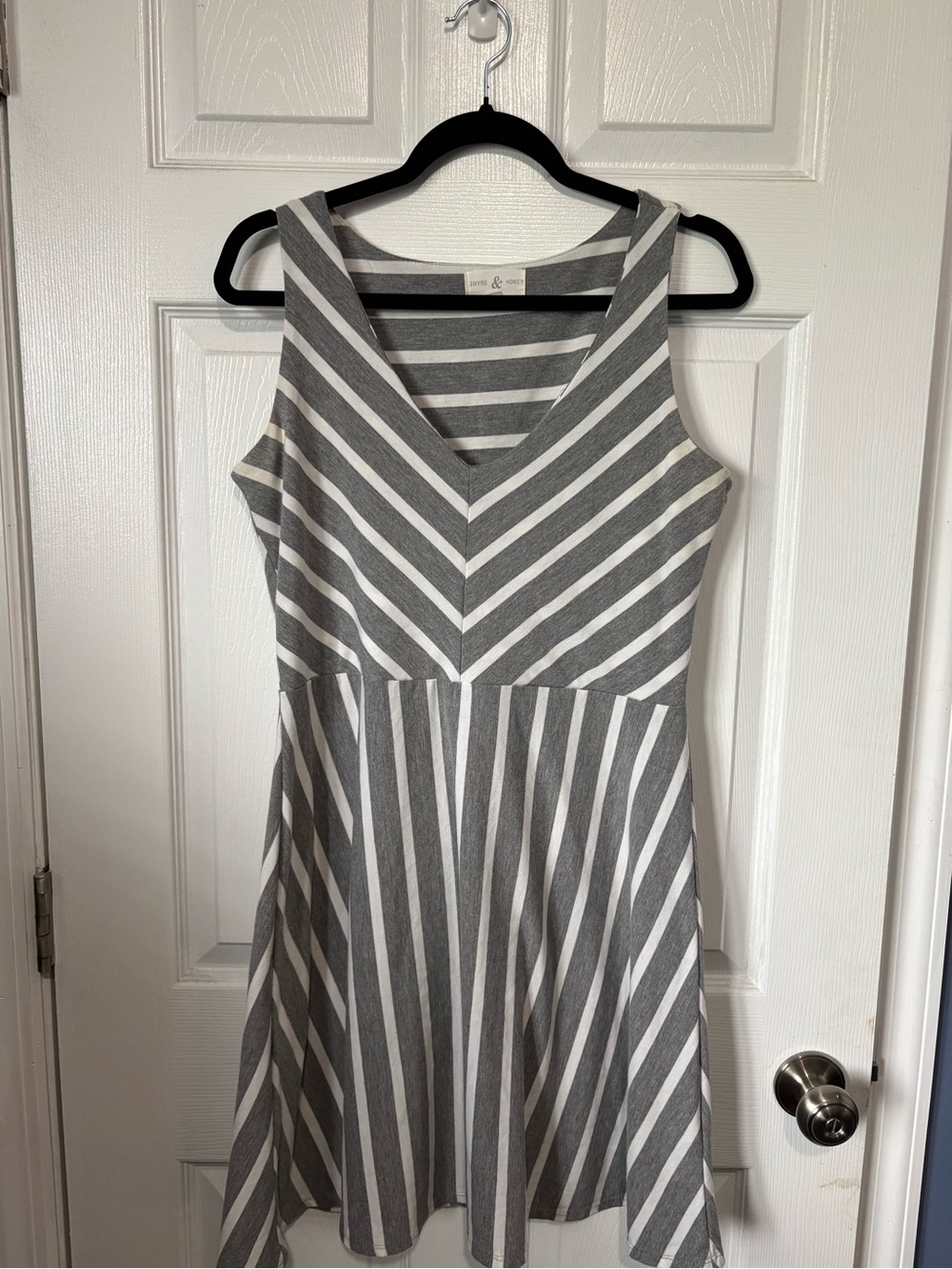 Gray and White Striped V-Neck Mini Dress